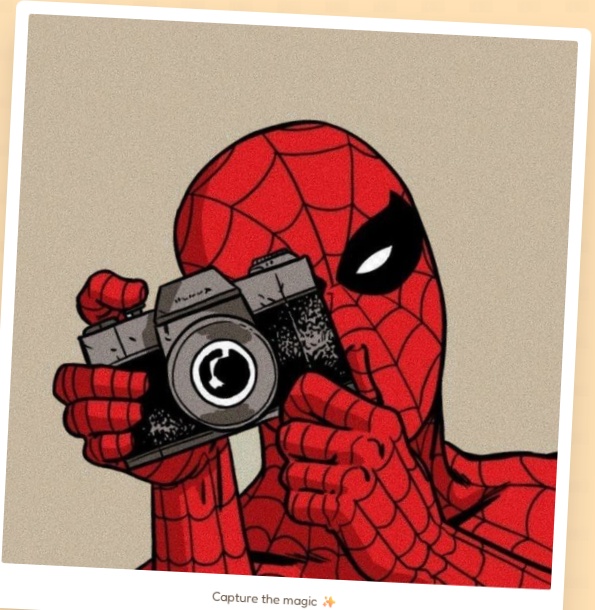 Spider-Man holding a camera in a Polaroid frame